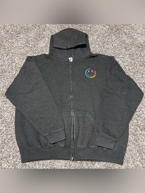 PACIFIC & CO RAINBOW SMILEY FACE Charcoal Gray Full Zip Hoodie LARGE PERFECT